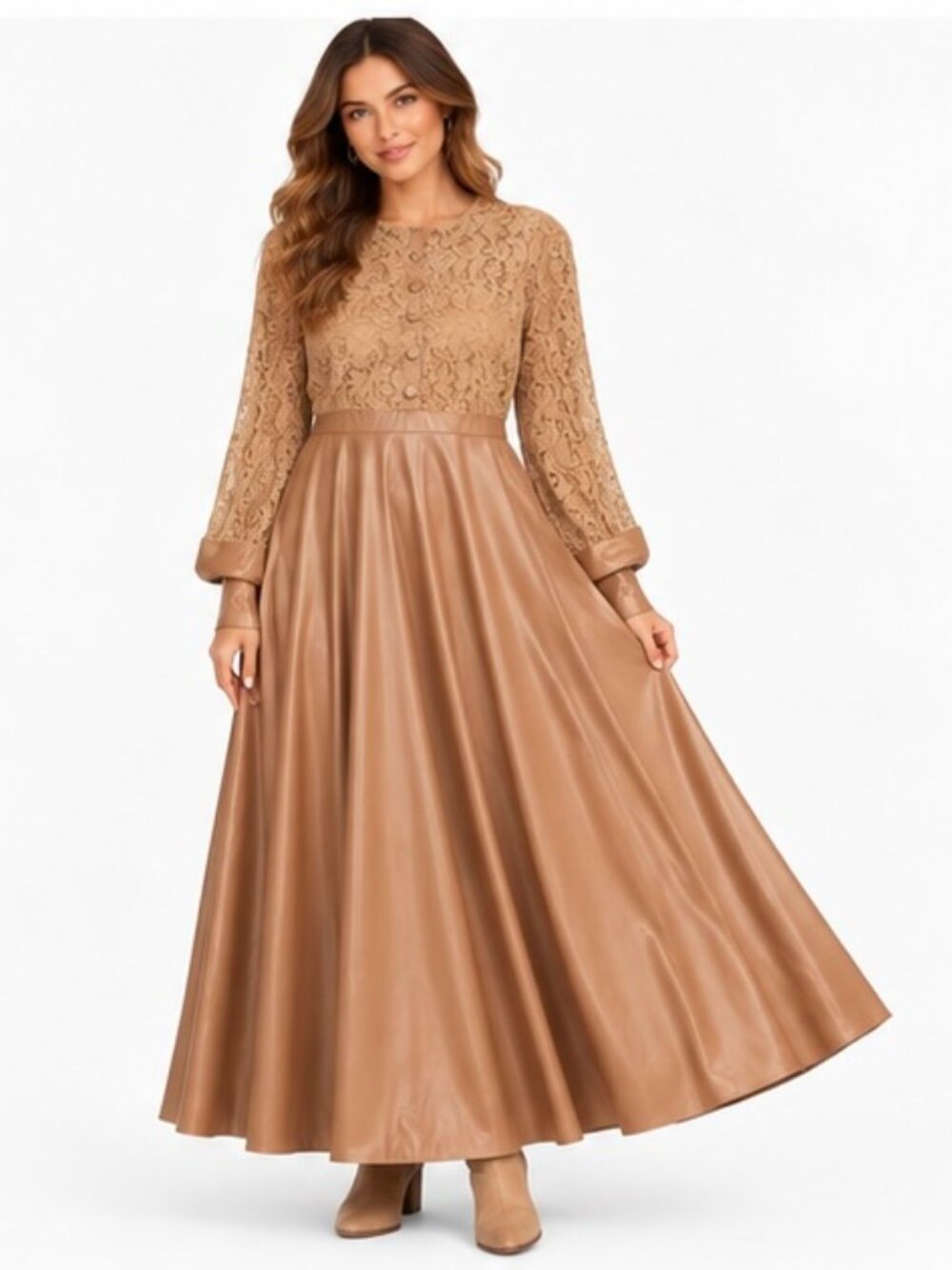 Miss Valle NWT Brown Lace Pleather Maxi Dress Button Front Long Sleeve Goth Boho